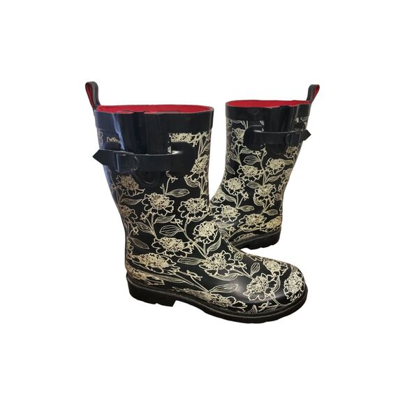 Capelli New York Chooka Rain Boot Women 7 Black Floral Waterproof Red Lining - Picture 2 of 7